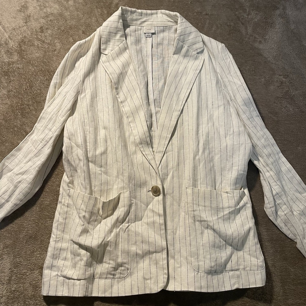 A New Day Blazer Womens L Linen Ivory Cream Stripes Jacket Oversized Overcoat